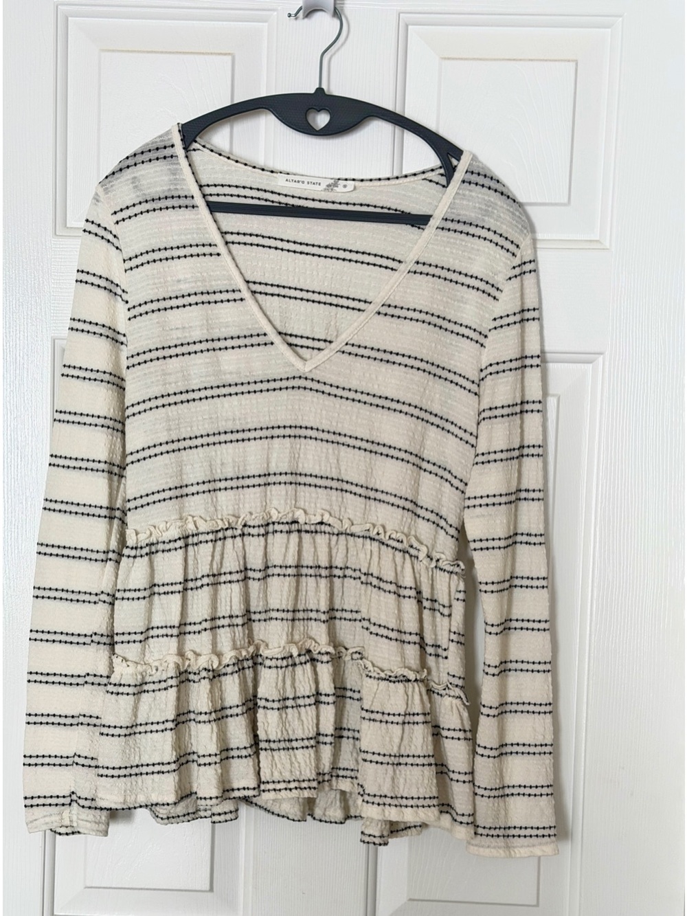 Altar’d State Cream Black Stripe Tiered Babydoll Peplum Top Small Boho